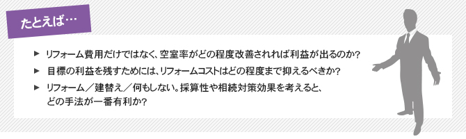 たとえば……。・リフォーム費用だけではなく、空室率がどの程度改善されれば利益が出るのか？・目標の利益を残すためには、リフォームコストはどの程度まで抑えるべきか？・リフォーム／建替え／何もしない。採算性や相続対策効果を考えると、どの手法が一番有利か？